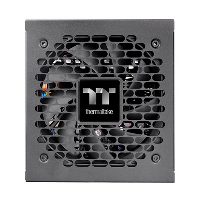Schwarzes Thermaltake Toughpower PC-Netzteil mit Lüftergitter und mittigem Logo-Emblem.