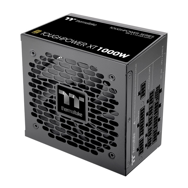 Schwarzes Thermaltake Toughpower XT 1000W PC-Netzteil mit modularen Anschlüssen und markantem Wabengitter-Lüfterdesign.