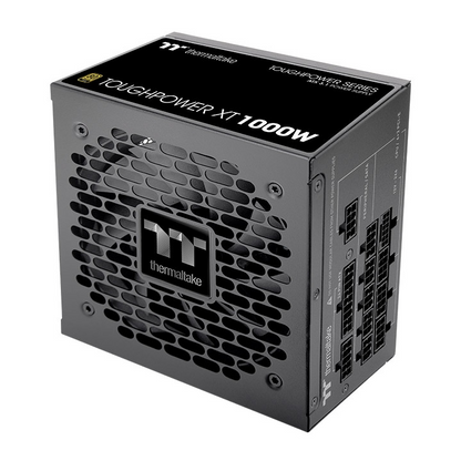 Schwarzes Thermaltake Toughpower XT 1000W PC-Netzteil mit modularen Anschlüssen und markantem Wabengitter-Lüfterdesign.
