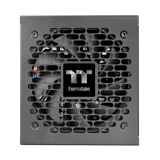 Schwarzes Thermaltake Toughpower XT 1200W Netzteil mit rundem Lüftergitter und mittigem Logo-Emblem.
