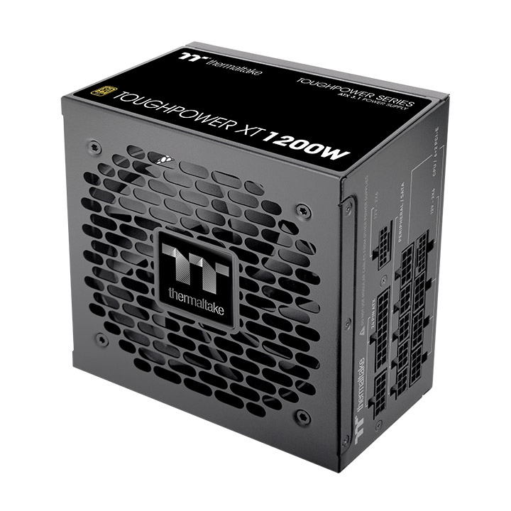 Schwarzes Thermaltake Toughpower XT 1200W PC-Netzteil mit modularen Anschlüssen und markantem Wabengitter-Lüfterdesign.