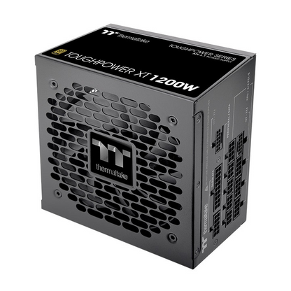 Schwarzes Thermaltake Toughpower XT 1200W PC-Netzteil mit modularen Anschlüssen und markantem Wabengitter-Lüfterdesign.