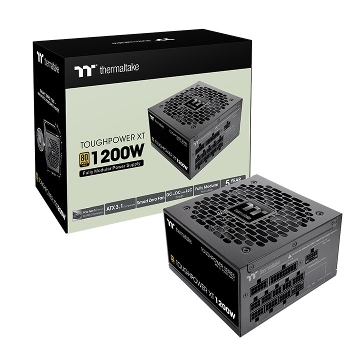 Thermaltake Toughpower XT 1200W Gold fully modular PC power supply unit with black casing and honeycomb fan grille.