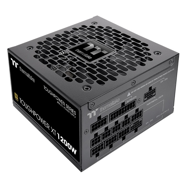 Schwarzes Thermaltake Toughpower XT 1200W PC-Netzteil mit modularen Anschlüssen und markantem Wabengitter-Lüfterdesign.