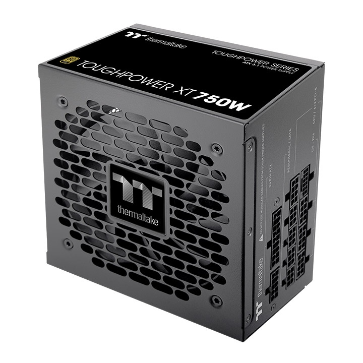 Schwarzes Thermaltake Toughpower XT 750W Netzteil mit Lüftergitter, modularen Anschlüssen und ATX 3.1 Design.