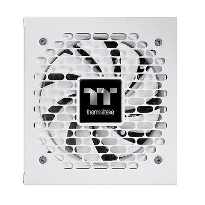 Weißes Thermaltake Toughpower XT 750W PC-Netzteil mit Lüftergitter und mittigem Logo auf weißem Gehäuse.
