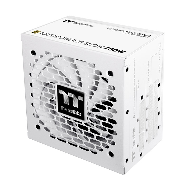 Thermaltake Toughpower XT 750W white modular PC power supply with a large cooling fan and honeycomb grille.