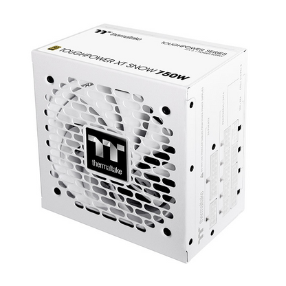 Thermaltake Toughpower XT 750W white modular PC power supply with a large cooling fan and honeycomb grille.