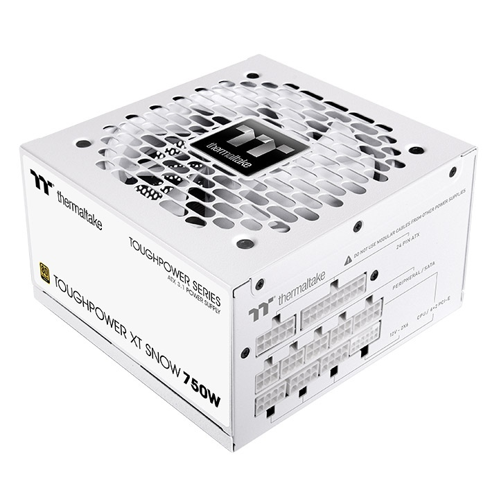 Weißes Thermaltake Toughpower XT 750W PC-Netzteil mit modularen Anschlüssen und integriertem Lüftergitter.