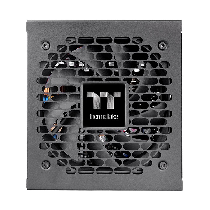 Schwarzes Thermaltake Toughpower XT 850W Netzteil mit rundem Lüftergitter und mittigem Logo-Emblem.
