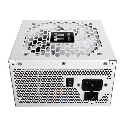 White Thermaltake Toughpower XT 1000W PC power supply with a honeycomb mesh fan grill and rear power switch.