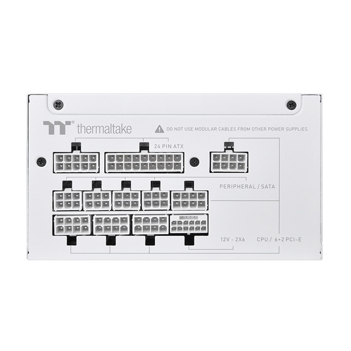 White modular back panel of a Thermaltake Toughpower XT 1000W power supply with labeled cable connection ports.