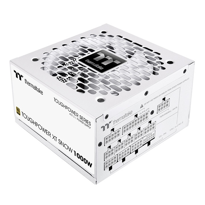 Thermaltake Toughpower XT Snow 1000W modular PC power supply in white with a top-mounted cooling fan and cable ports.