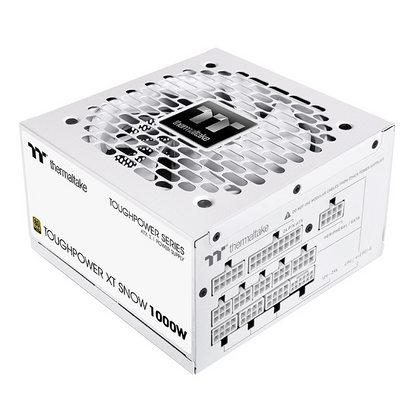 Thermaltake Toughpower XT Snow 1000W modular PC power supply in white with a top-mounted cooling fan and cable ports.