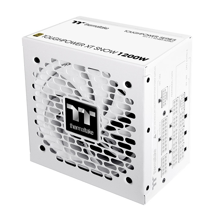 Weißes Thermaltake Toughpower XT 1200W PC-Netzteil mit modularen Anschlüssen und integriertem Lüftergitter.