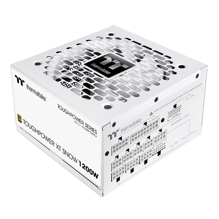 Weißes Thermaltake Toughpower XT 1200W PC-Netzteil mit modularen Anschlüssen und integriertem Lüftergitter.