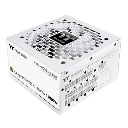 Weißes Thermaltake Toughpower XT 1200W PC-Netzteil mit modularen Anschlüssen und integriertem Lüftergitter.