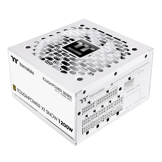 Weißes Thermaltake Toughpower XT 1200W PC-Netzteil mit modularen Anschlüssen und integriertem Lüftergitter.