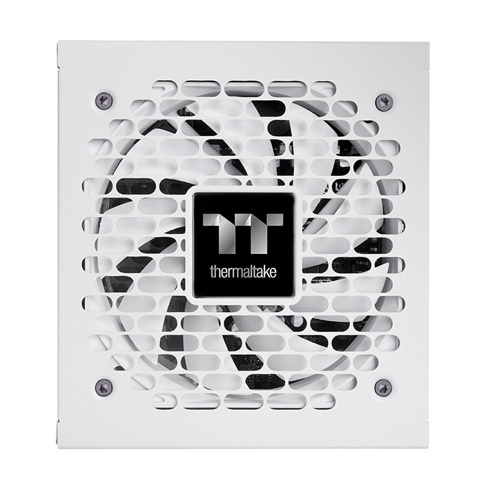 White Thermaltake Toughpower XT 850W PC power supply with a large cooling fan and metallic logo grille.
