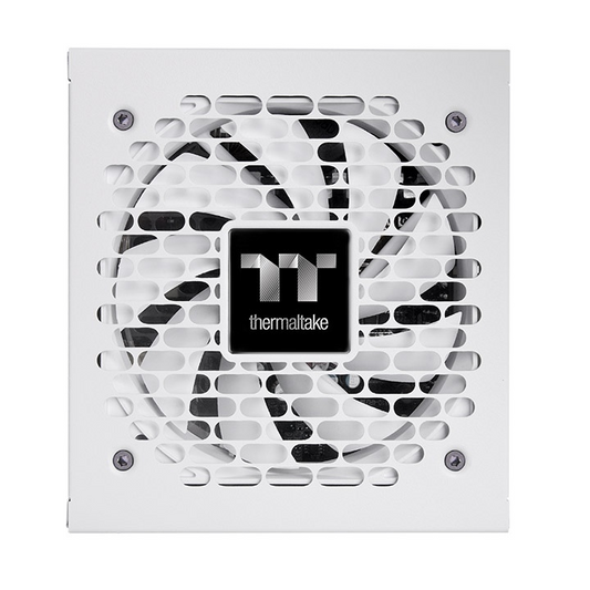 White Thermaltake Toughpower XT 850W PC power supply with a large cooling fan and metallic logo grille.