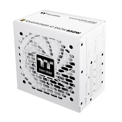 Weißes Thermaltake Toughpower XT 850W PC-Netzteil mit Lüftergitter und modularen Anschlüssen auf weißem Hintergrund.