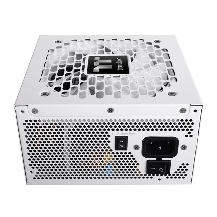 Weißes Thermaltake Toughpower XT 850W PC-Netzteil mit Smart Zero Fan Schalter und schwarzem Stromanschluss.