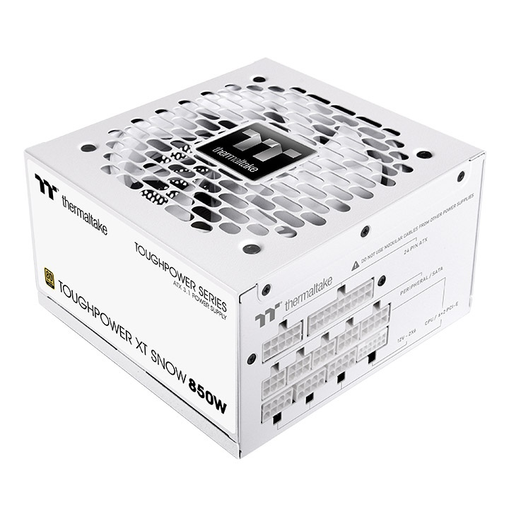 Thermaltake Toughpower XT Snow White 850W modular PC power supply with white casing and top cooling fan.