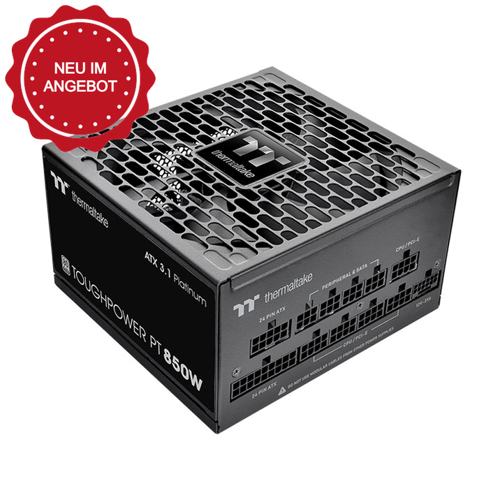 Das Toughpower PT 850W Black ist ein 80 PLUS Platinum -zertifiziertes PC-Netzteil (PSU) mit der Spezifikation ATX 3.1 und ist mit einem nativen PCIe Gen 5.1 12+4-Pin-Anschluss ausgestatt.