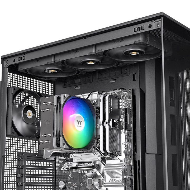 UX400 ARGB Lighting ist ein günstiger CPU-Kuehler in der Farbe Black mit leisem 120-mm-High-Airflow-Luefter.