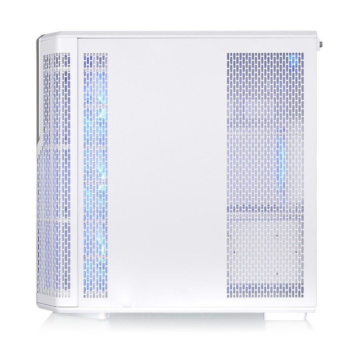 Weißes View 590 TG ARGB Midi-Tower Gehäuse mit Mesh-Seitenteil, Infinity-Lüftern und modernem Dual-Chamber-Design.