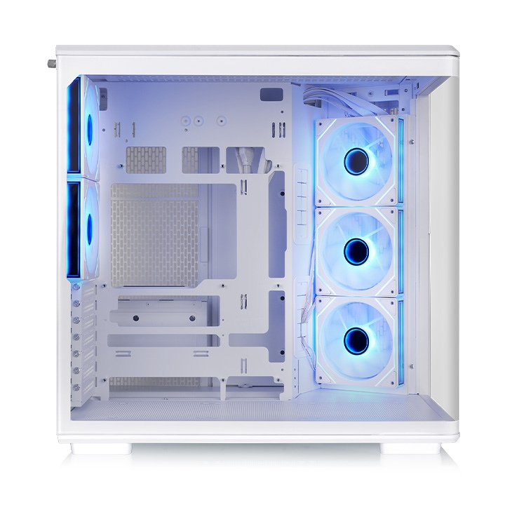 Weißes View 590 TG ARGB PC-Gehäuse mit Panorama-Glasfront und beleuchteten Infinity-Lüftern im Dual-Chamber-Design.