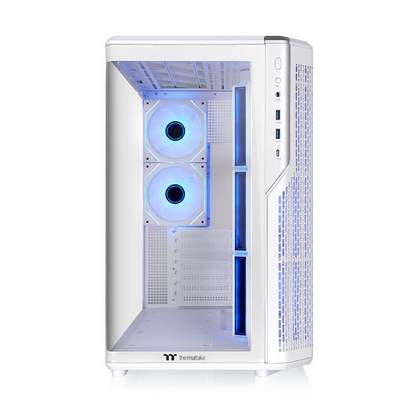 Weißes View 590 TG ARGB PC-Gehäuse mit gebogenem Panorama-Glas und beleuchteten Infinity-Lüftern im Dual-Chamber-Design.