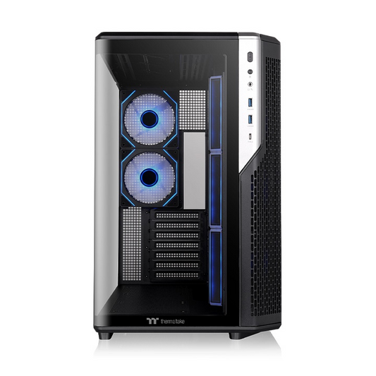 Schwarzes View 590 TG ARGB PC-Gehäuse mit gebogenem Panorama-Glas, Dual-Chamber-Design und beleuchteten Infinity-Lüftern.