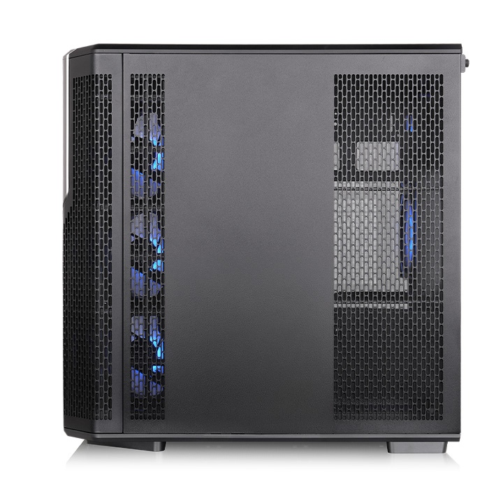 Schwarzes View 590 TG ARGB PC-Gehäuse mit Mesh-Seitenteil und sichtbaren blau beleuchteten Lüftern im Dual-Chamber-Design.
