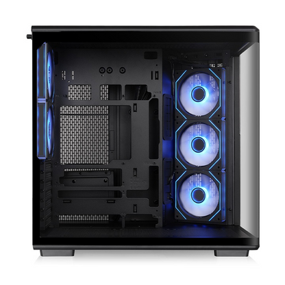Schwarzes View 590 TG ARGB PC-Gehäuse mit gebogenem Glas, Dual-Chamber-Design und beleuchteten Infinity-Lüftern.