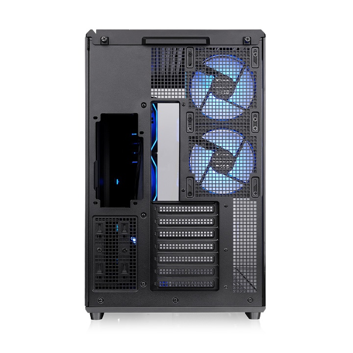 Rückansicht des schwarzen View 590 TG ARGB Gehäuses mit zwei leuchtend blauen Infinity-Lüftern und PCIe-Steckplätzen.