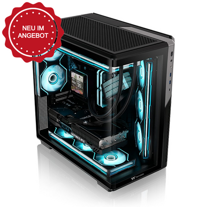 Schwarzes View 590 TG ARGB PC-Gehäuse mit gebogenem Panorama-Glas, fünf Infinity-Lüftern und blauer RGB-Beleuchtung.