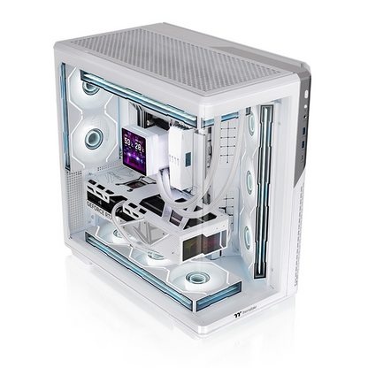Weißes View 590 TG ARGB PC-Gehäuse mit gebogenem Panorama-Glas, Infinity-Lüftern und Dual-Chamber-Design für Gaming-PCs.