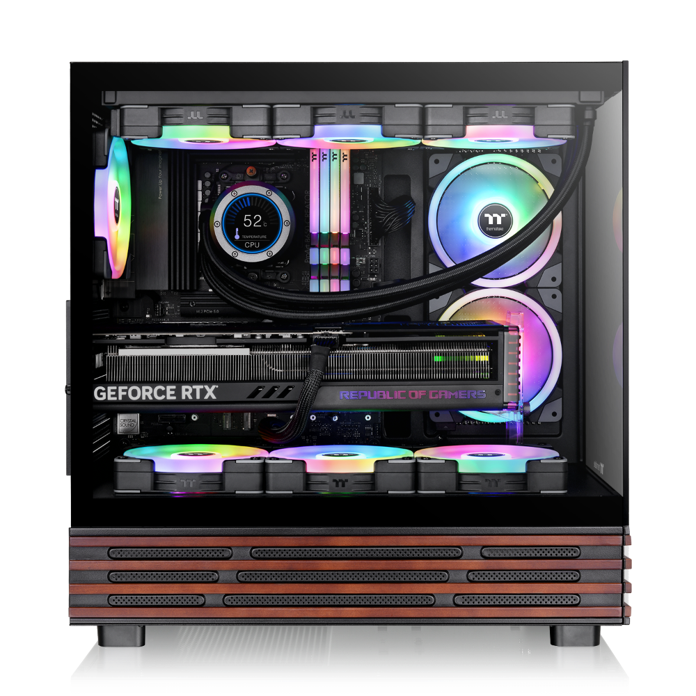 
Das View 270 Plus VS ARGB ist ein Midi-PC Gehäuse in der Farbe Black mit stilvollem Holz 
