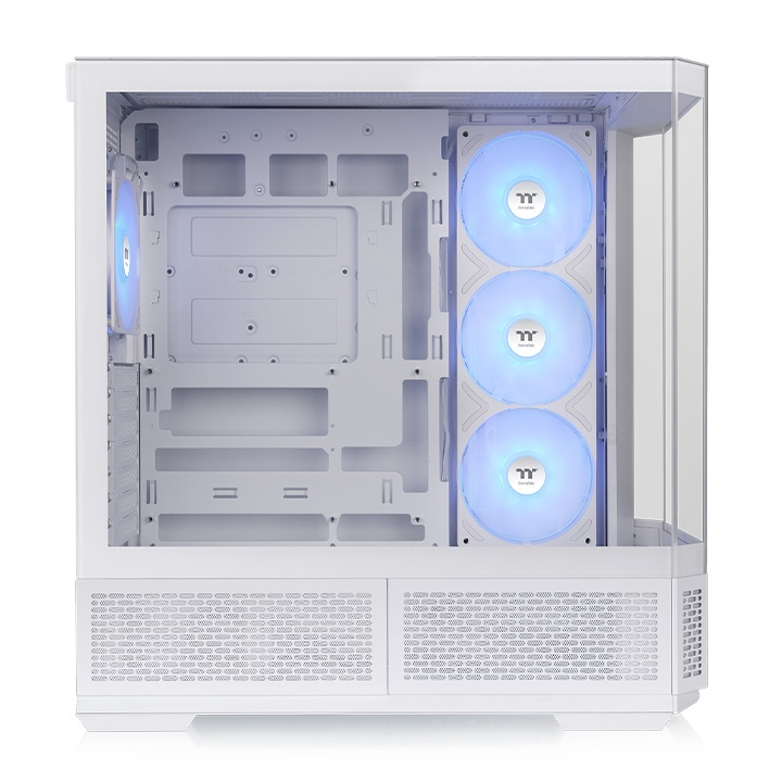 View 370 TG ARGB Snow White– seitliche Innenansicht mit vorinstallierte SF360 ARGB PWM Reverse Fan und SF120 ARGB PWM Fan