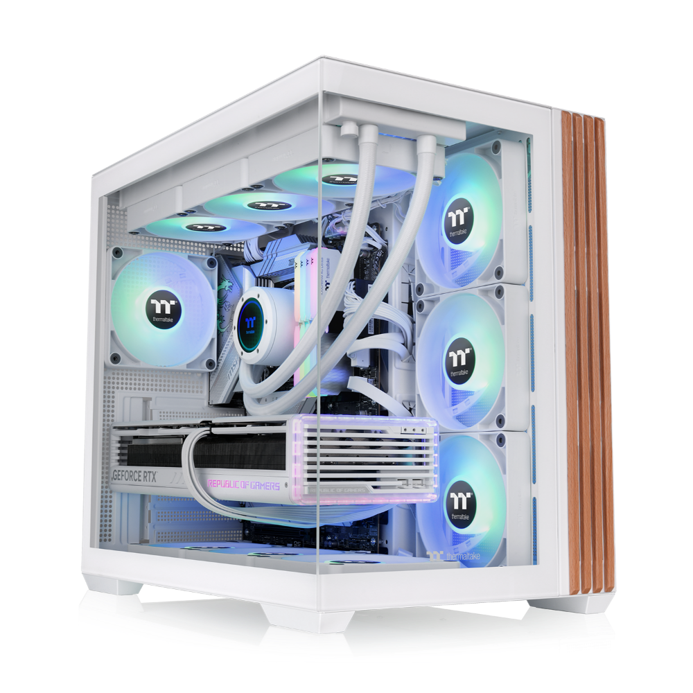 Das View 380 WS ARGB ist ATX PC-Gehäuse in der Farbe Snow White. Es überzeugt durch seine  vier 120-mm ARGB-Lite Lüfter und eine wunderschöne Holzoptik.