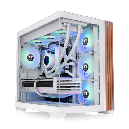 Das View 380 WS ARGB ist ATX PC-Gehäuse in der Farbe Snow White. Es überzeugt durch seine  vier 120-mm ARGB-Lite Lüfter und eine wunderschöne Holzoptik.