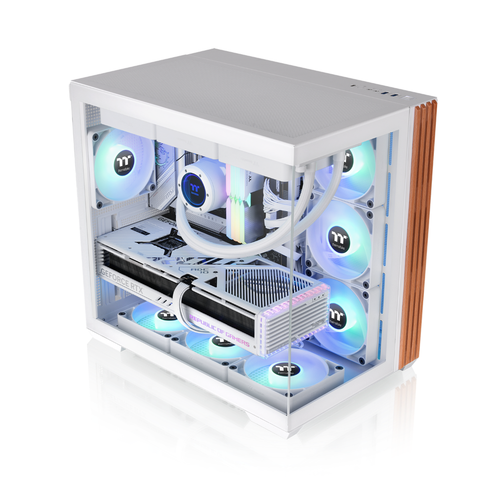 Das View 380 WS ARGB ist ATX PC-Gehäuse in der Farbe Snow White. Es überzeugt durch seine  vier 120-mm ARGB-Lite Lüfter und eine wunderschöne Holzoptik.