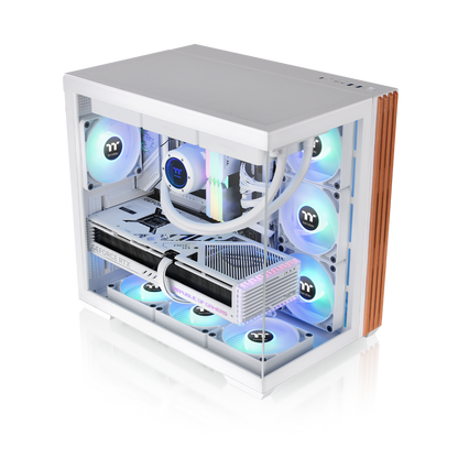 Das View 380 WS ARGB ist ATX PC-Gehäuse in der Farbe Snow White. Es überzeugt durch seine  vier 120-mm ARGB-Lite Lüfter und eine wunderschöne Holzoptik.