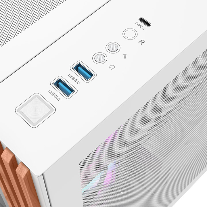Das View 380 WS ARGB ist ATX PC-Gehäuse in der Farbe Snow White. Es überzeugt durch seine vier 120-mm ARGB-Lite Lüfter und eine wunderschöne Holzoptik