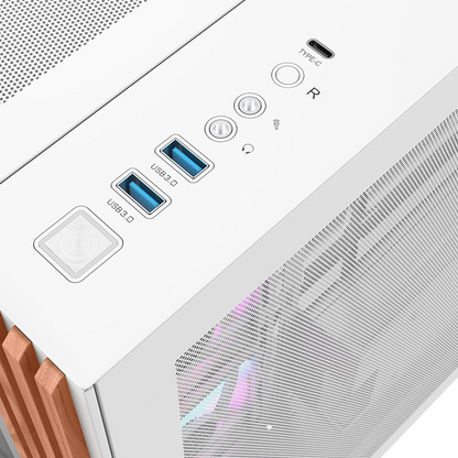 Das View 380 WS ARGB ist ATX PC-Gehäuse in der Farbe Snow White. Es überzeugt durch seine vier 120-mm ARGB-Lite Lüfter und eine wunderschöne Holzoptik