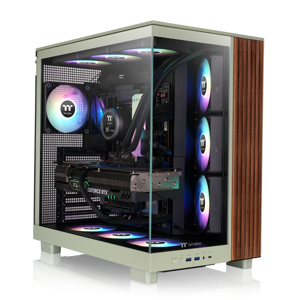 Das View 380 XL WS ARGB ist ATX PC-Gehäuse in der Farbe Matcha Green. Es überzeugt durch seine  vier 120-mm ARGB-Lite Lüfter, wunderschöne Holzoptik und Grafikkartenhalter.