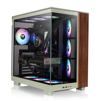 Das View 380 XL WS ARGB ist ATX PC-Gehäuse in der Farbe Matcha Green. Es überzeugt durch seine  vier 120-mm ARGB-Lite Lüfter, wunderschöne Holzoptik und Grafikkartenhalter.