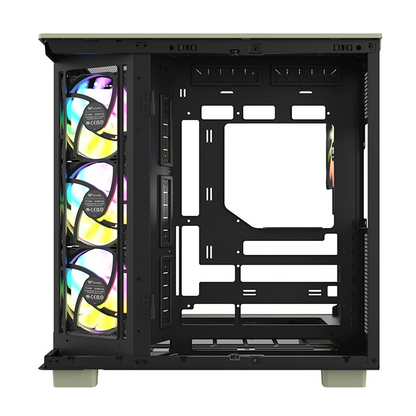 Das View 380 XL WS ARGB ist ATX PC-Gehäuse in der Farbe Matcha Green. Es überzeugt durch seine  vier 120-mm ARGB-Lite Lüfter, wunderschöne Holzoptik und Grafikkartenhalter.
