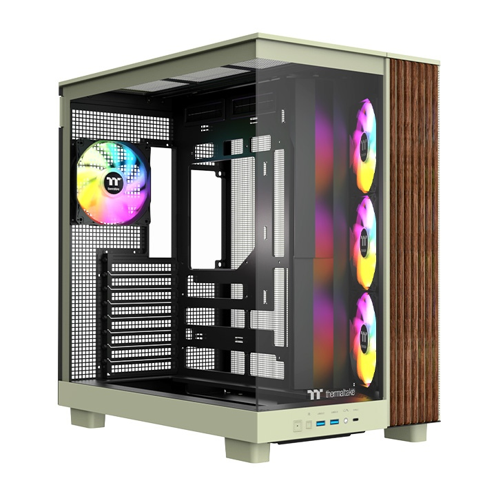 Das View 380 XL WS ARGB ist ATX PC-Gehäuse in der Farbe Matcha Green. Es überzeugt durch seine  vier 120-mm ARGB-Lite Lüfter, wunderschöne Holzoptik und Grafikkartenhalter.